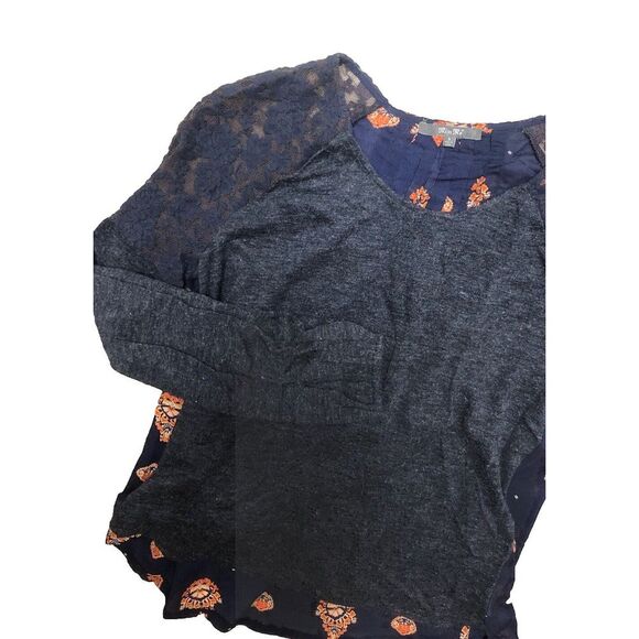 Miss Me Sweaters - Miss Me Sweater S Navy Sheer Lace Shoulders High-low Floral Boho Mixed Media